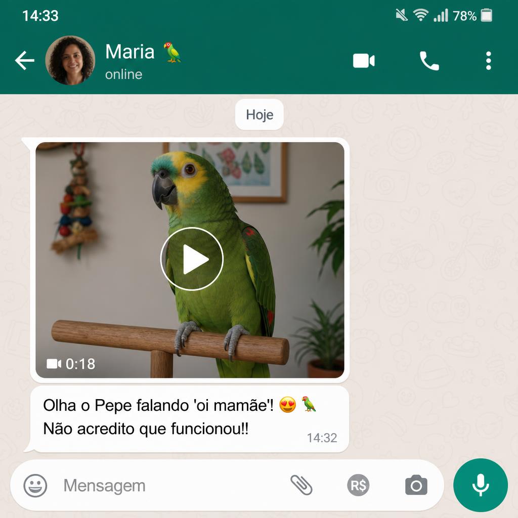 Conversa de WhatsApp com Maria mostrando vídeo do papagaio Pepe falando