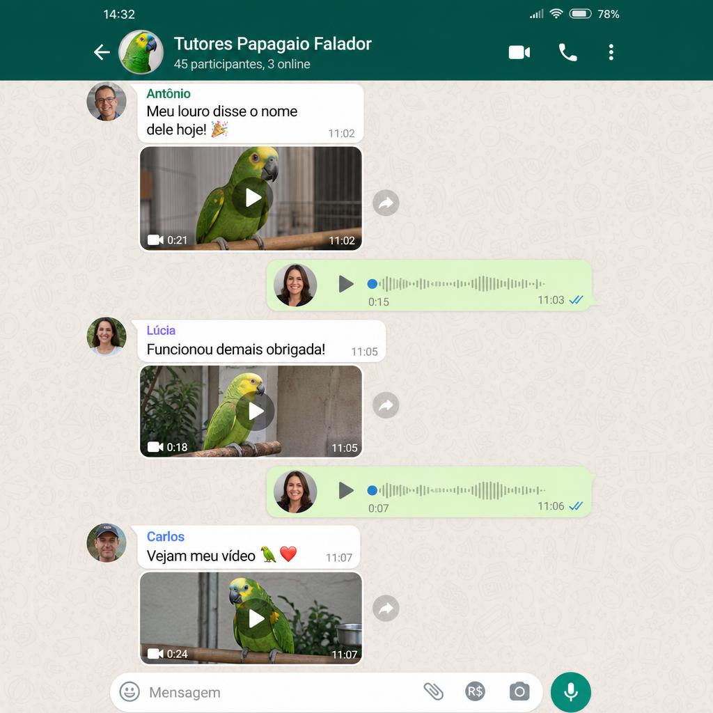 Grupo de WhatsApp Tutores Papagaio Falador com vários vídeos de papagaios